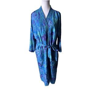 Vintage 100% Silk Floral Robe Blue Pockets Long Wrap Kimono Style Thailand Soft